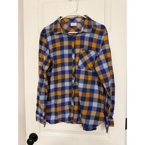 Columbia Men's L Plaid Blue Yellow Cotton Long Sleeve Button-Up Shirt